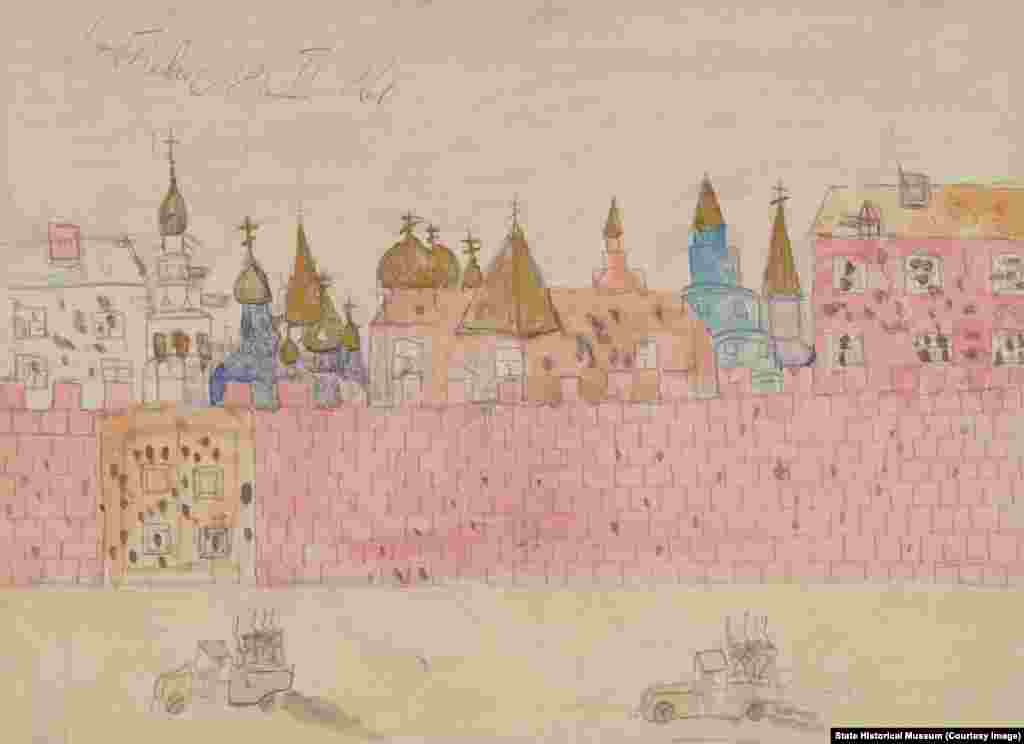 Детские рисунки помогут более точно&nbsp;понять настроения того времени, осознать масштабы раскола в сознании общества, и увидеть новые явления в повседневной жизни: митинги, многочисленный очереди в магазины, повсеместное присутствие военных. Добкевич. "Обстрел Кремля"