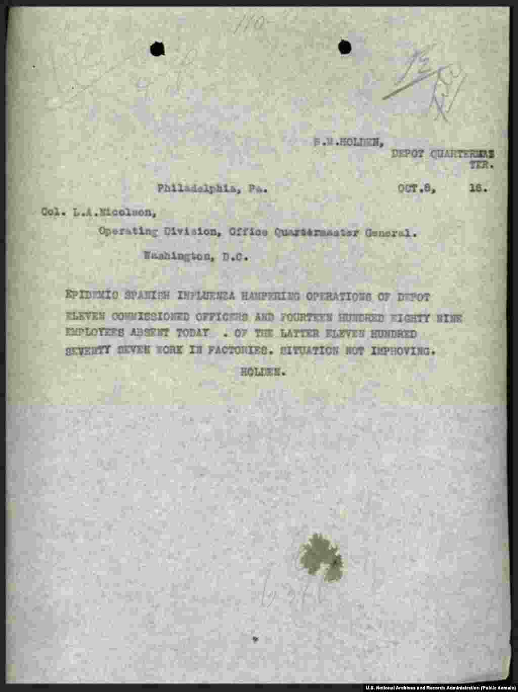 Рапорт о кризисе с персоналом в военном депо в Филадельфии от 8 октября 1918 года. В рапорте в канцелярию генерального квартирмейстера США в Вашингтоне сообщается, что 11 офицеров и 1489 сотрудников "отсутствуют на работе" и ситуация не улучшается