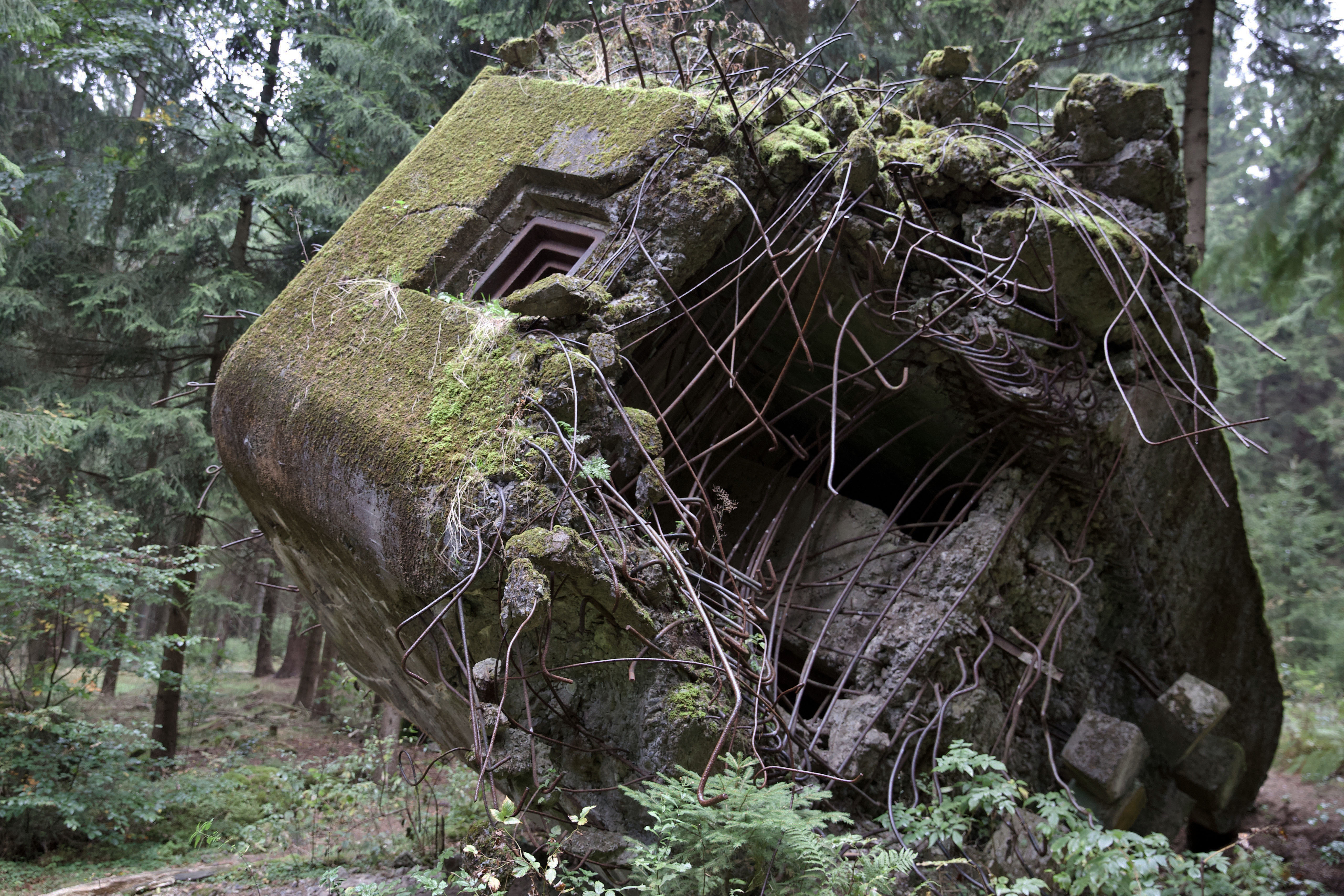 Ржопик, поврежденный крупнокалиберным снарядом. Чешские оборонительные сооружения использовались после захвата Судет как испытательный полигон немецкой артиллерии
