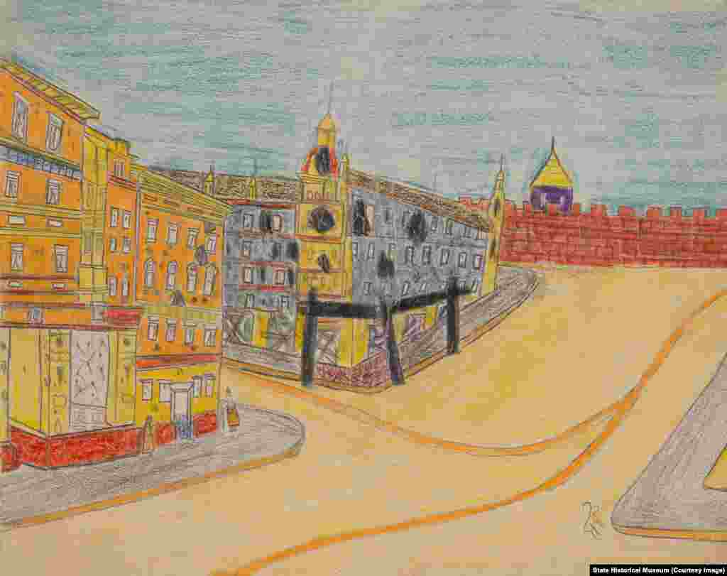 Многих персонажей дети рисовали со слов своих родителей, говорит Лукьянов. То же можно сказать и про лозунги. Неизвестный автор. "Обстрелянные дома возле Кремля"