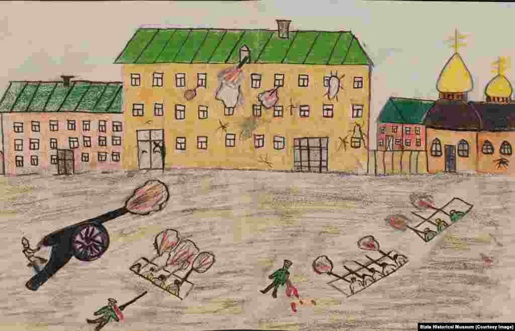 Сотрудникам музея удалось установить авторство лишь у некоторых рисунков &ndash; где-то были подписаны фамилии учеников. Неизвестный автор. "Осада дома"