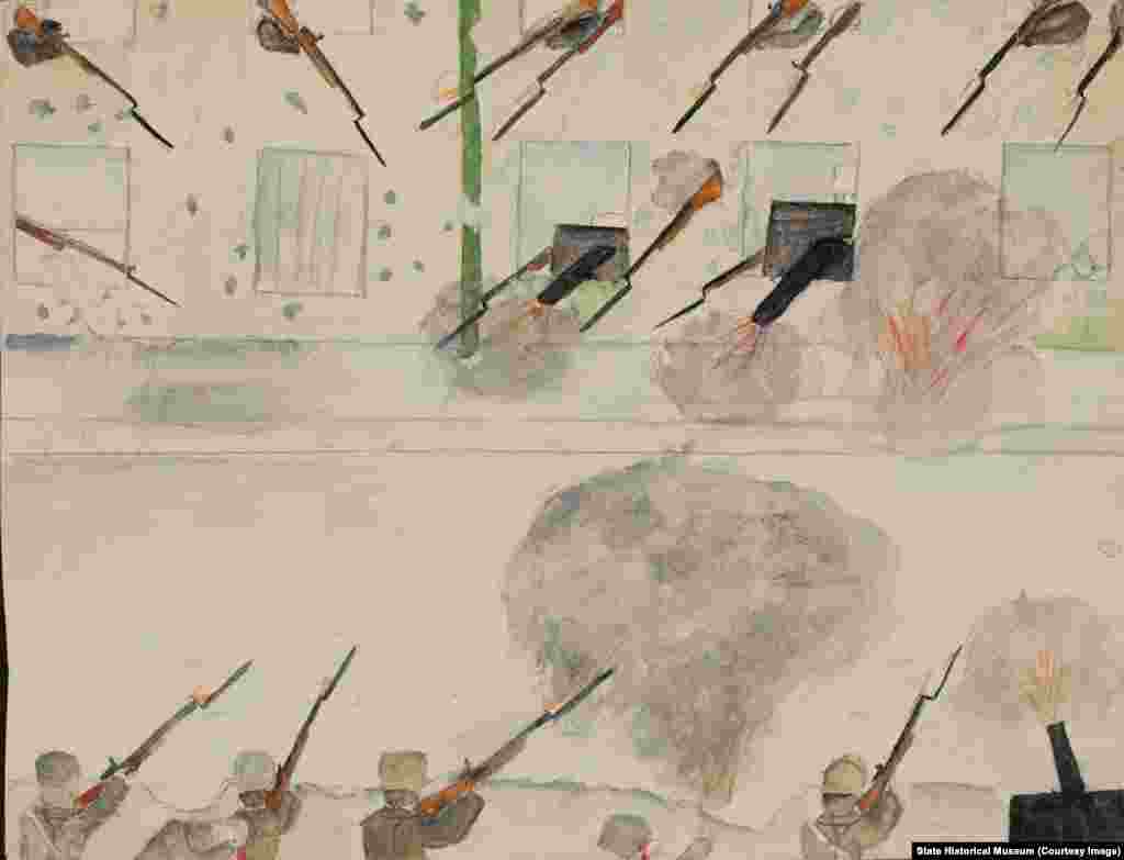 Помимо рисунков, Воронов собирал письменные размышления своих учеников о событиях в стране.&nbsp; Неизвестный автор. "Перестрелка на улице"