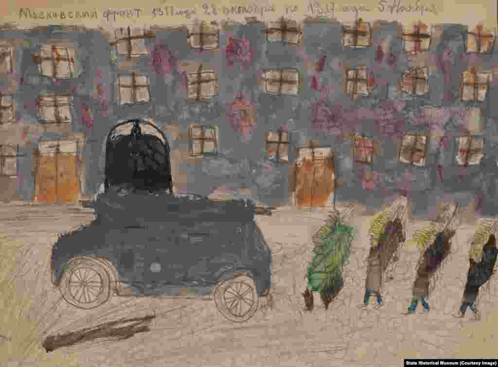 К 1919 году педагог и ученый Василий Сергеевич Воронов, занимавшийся изучением детского творчества, собрал большую коллекцию рисунков своих учеников и передал ее музею. Воронов работал преподавателем в двух московских учебных заведениях для мальчиков: гимназии имени М. В. Ломоносова и реального училища И. И. Александрова. Неизвестный автор. "Московский фронт 1917 года 28 октября по 1917 года 5 ноября"