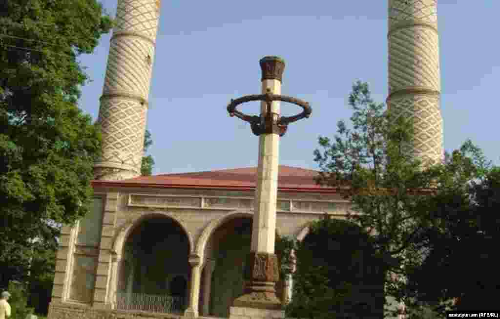 The 19th-century Yukhari Govhar Agha Mosque in the Karabakhi town of Shushi, known to Azerbaijanis as Shusha. The Shi'i mosque, seen here in 2011, was abandoned after ethnic Armenian forces took control of the hilltop town in 1992. It has been undergoing restoration with assistance from Iran -- a project that Baku rejects as illegitimate.&nbsp; The building has not been reported damaged during the most recent fighting over Karabakh.&nbsp;
