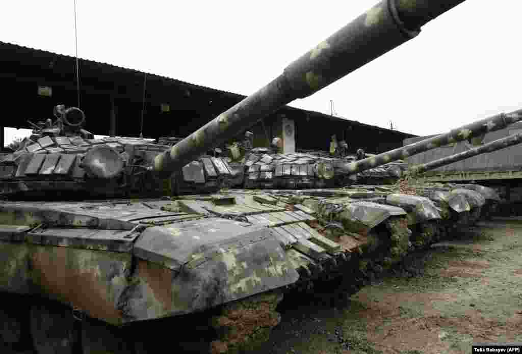 Azerbaijani army officials claim these tanks, photographed on October 5, 2020 in the southwestern Azerbaijani town of Beylagan, were seized during fighting with Armenia and Karabakhi separatist forces. Located just north of Iran, Beylagan borders on the region of Fuzuli, occupied by the Armenian army since 1993.&nbsp;