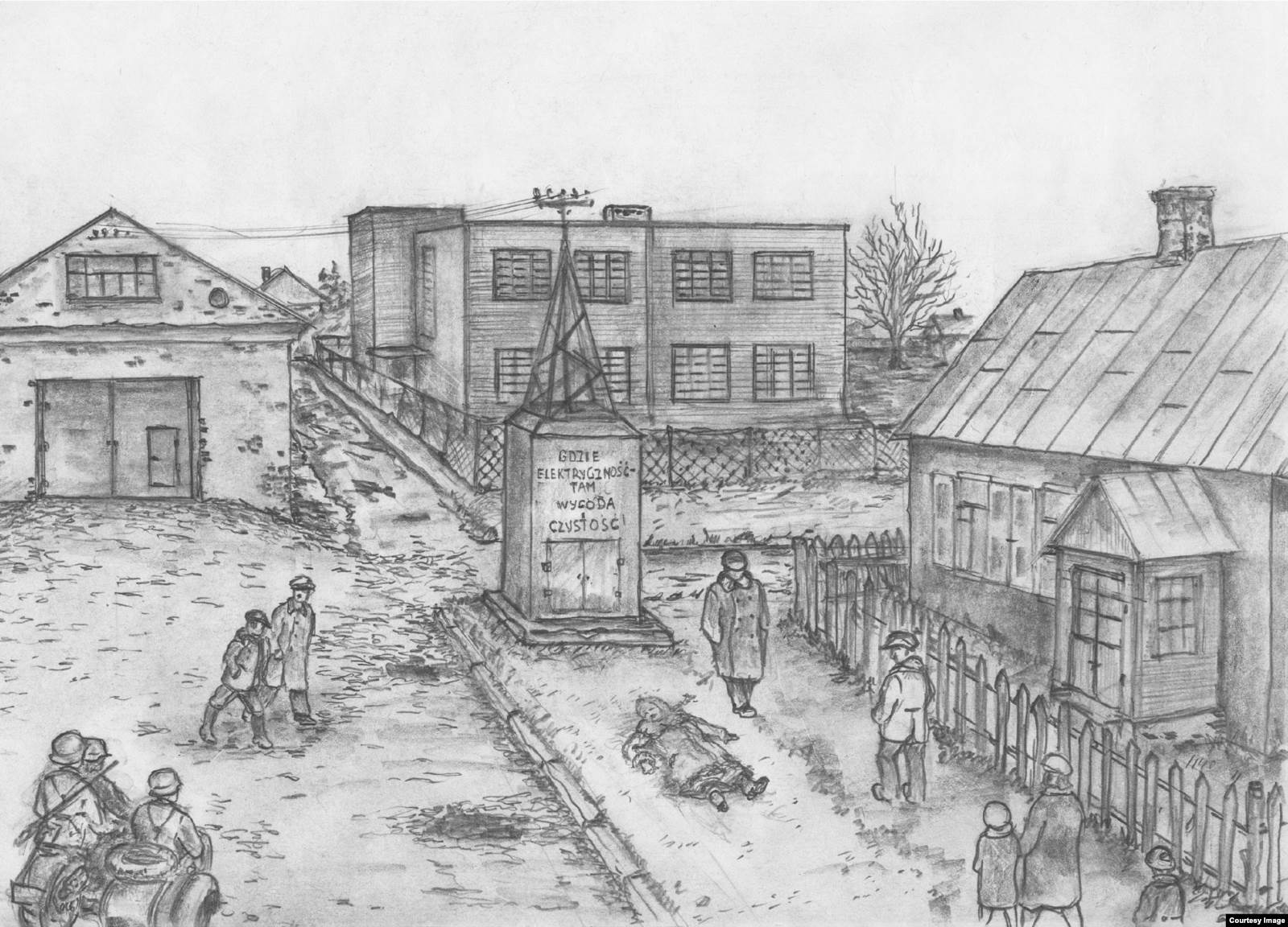 Осень 1941 года. Убитая немцами еврейская девушка на перекрестке улиц Пушкинской – Полевой (ныне Сикорского). Тело лежало несколько дней, за это время мародеры сняли сапоги, шубу, платок. Рисунок Владимира Губенко