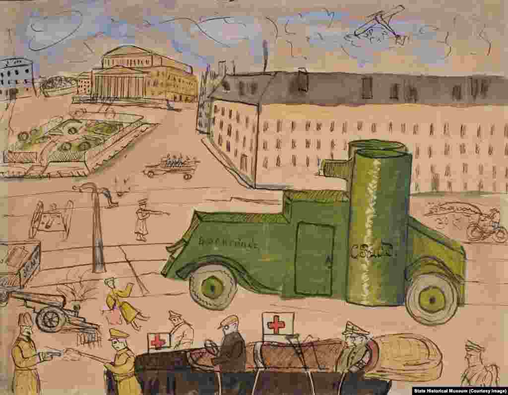 Большинство рисунков остались безымянными &ndash; их авторов установить не удалось, как и не нашлось упоминаний в записях самого Воронова. Неизвестный автор. "Бой на Театральной площади". Аббревиатура на броневике расшифровывается как "Совет рабочих и солдатских депутатов"