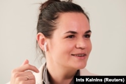 Former Belarusian presidential candidate Svyatlana Tsikhanouskaya takes part from Vilnius, Lithuania in an online debate at the 75th annual U.N. General Assembly on September 4, 2020.