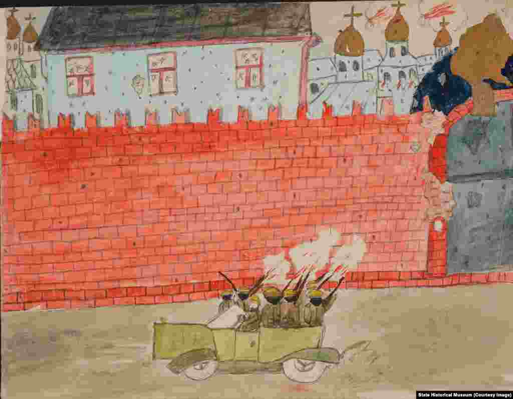 "Все пишут с ужасом, что они сидели дома по три-четыре дня, когда Москву обстреливали, обстреливали Кремль. Они боялись выйти на улицу, они ждали, что придут большевики и всех зарежут", &ndash; рассказывает куратор. Неизвестный автор. "Обстрел Кремля"