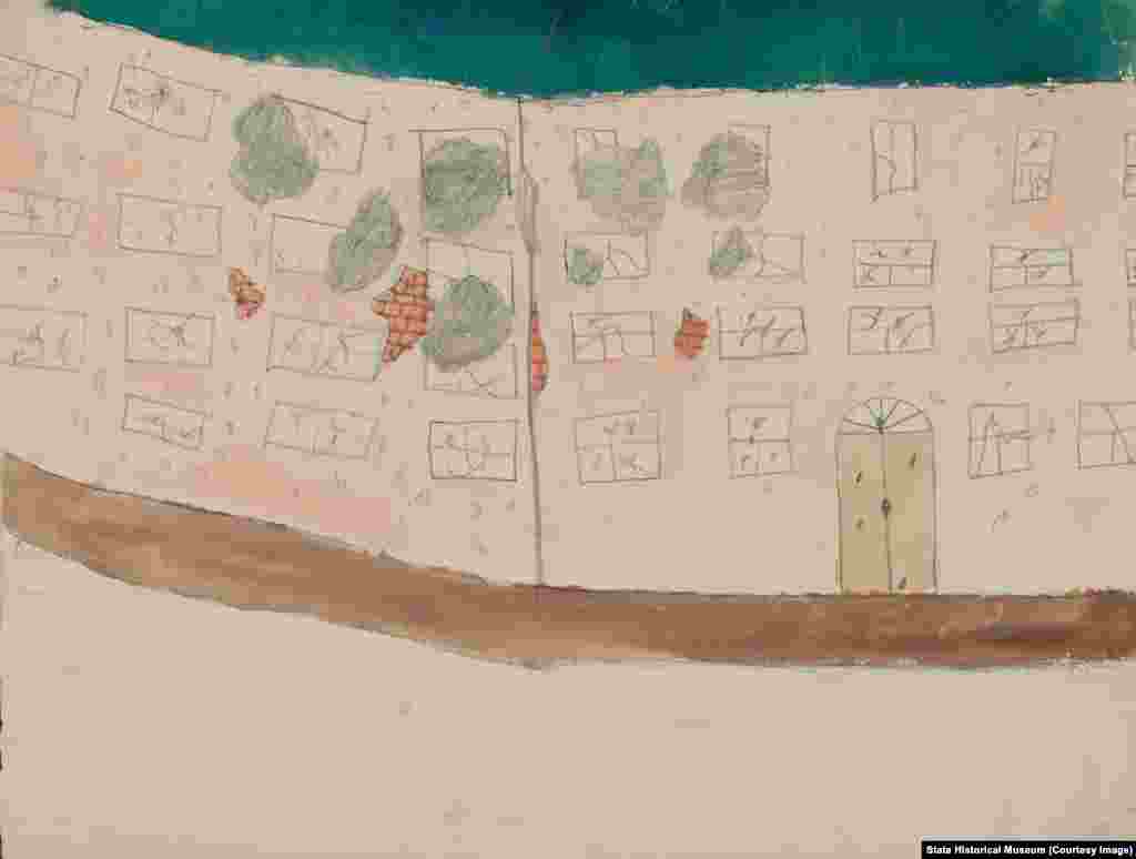 "Он, как педагог и психолог, анализировал детское творчество, исходя из того, что рисунки мальчиков, тем более, события &ndash; это война, революция, конечно, интересен всегда взгляд мальчика, мальчик был более пытлив в создании своих произведений", &ndash; рассказал в интервью Радио Свобода Евгений Лукьянов, куратор выставки. Неизвестный автор. "Дом со следами обстрела"